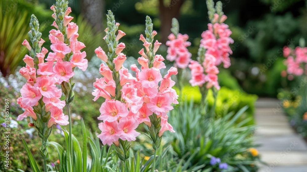 Vibrant Pink Gladiolus Blooms in a Serene Garden Pathway Vibrant Pink Gladiolus Blooms in a Serene Garden Pathway