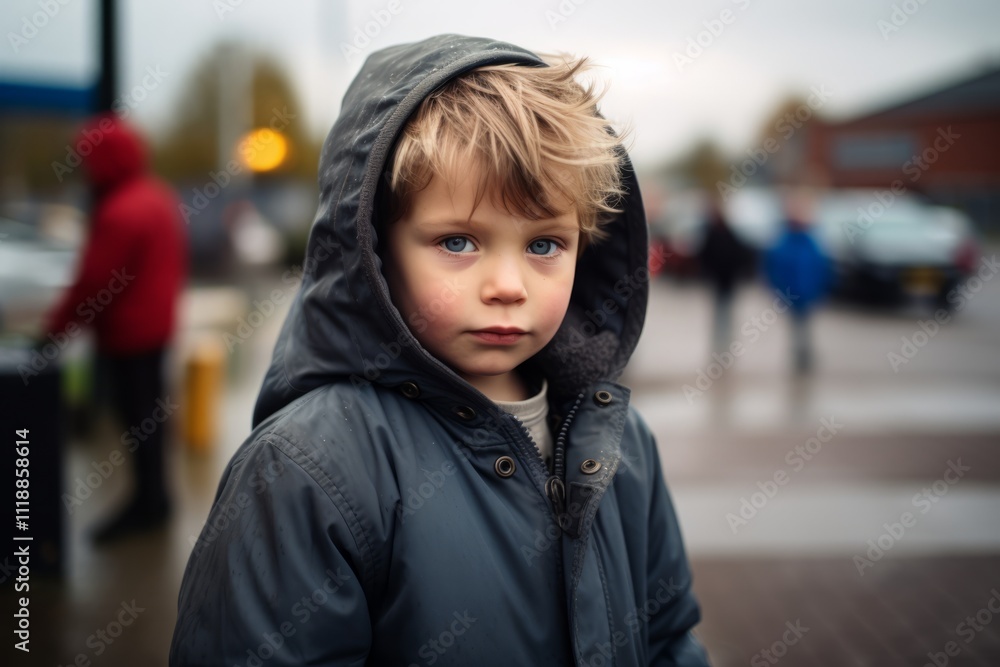 Little boy with blue eyes and blond hair in a jacket on the street Little boy with blue eyes and blond hair in a jacket on the street