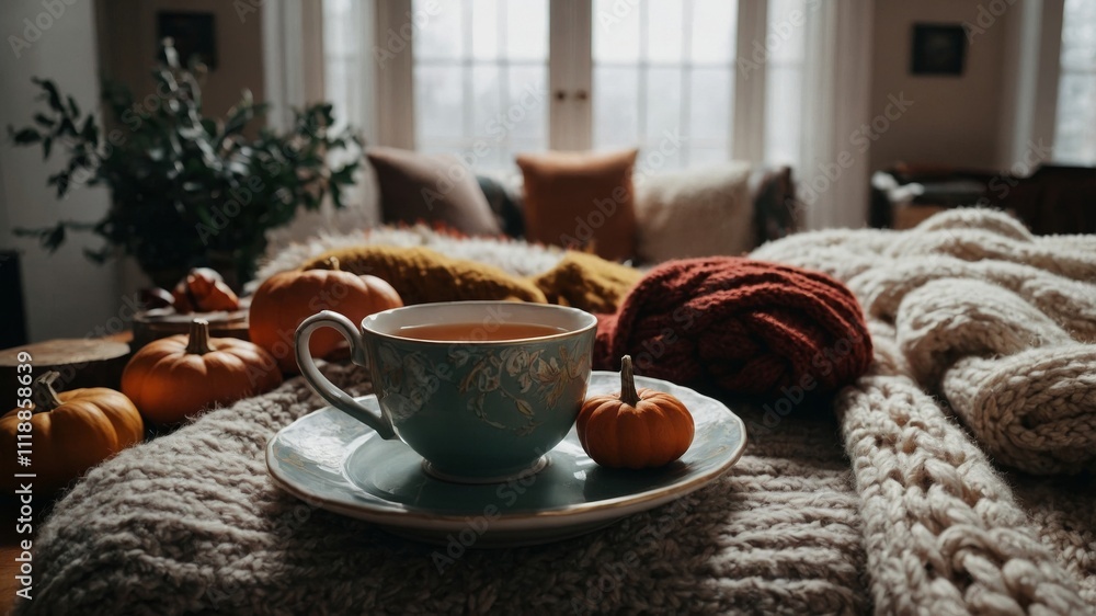 Cozy fall setup with tea and knitted sweaters Cozy fall setup with tea and knitted sweaters