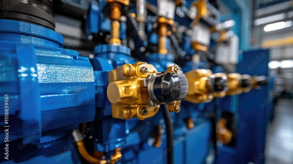 Close-Up View of Industrial Machinery with Blue and Gold Components Close-Up View of Industrial Machinery with Blue and Gold Components