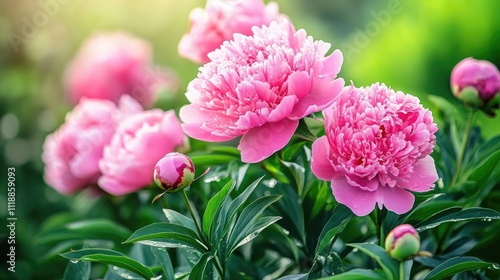 Beautiful Pink Peonies in Bloom Surrounded by Lush Green Foliage