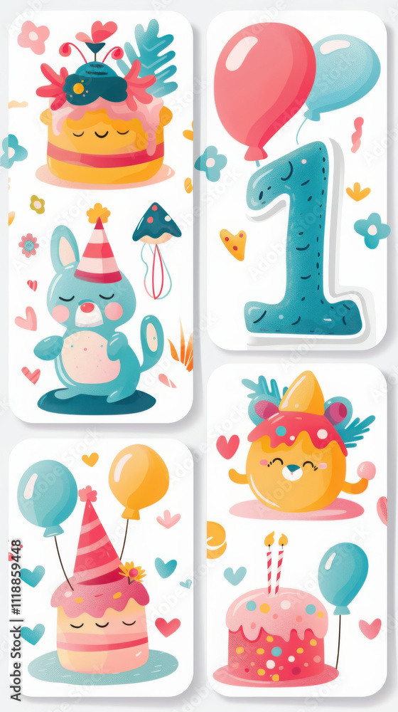 Colorful birthday celebration stickers with cute animals and balloons for party decor Colorful birthday celebration stickers with cute animals and balloons for party decor