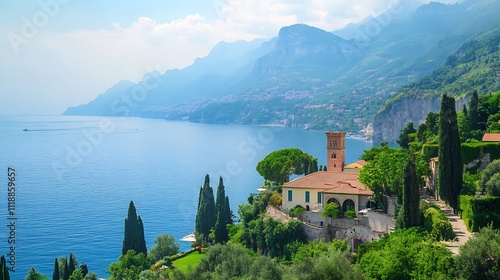 Scenic view of Italian lake and mountainside villa surrounded by lush greenery and blue waters : Generative AI