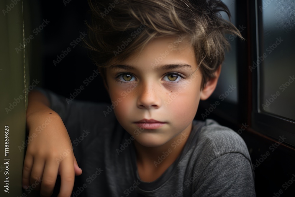 Portrait of a sad little boy in the train. Selective focus. Portrait of a sad little boy in the train. Selective focus.