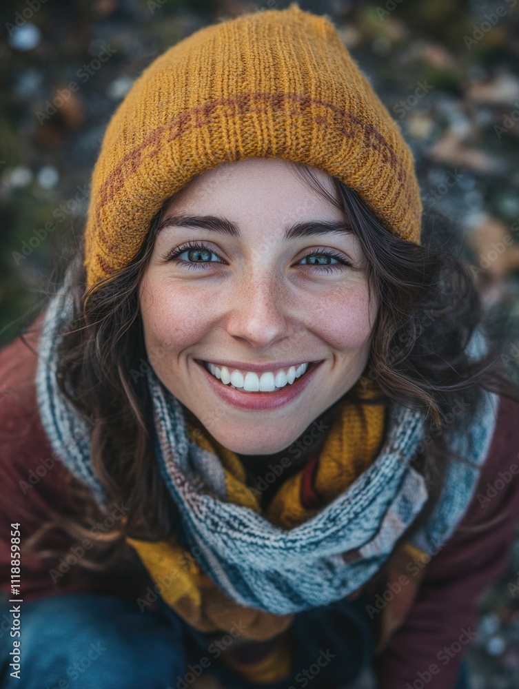 Female with knit hat, scarf, and coat looking upwards. Female with knit hat, scarf, and coat looking upwards.