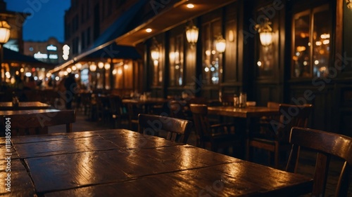 Deserted wooden table in fancy nighttime eatery