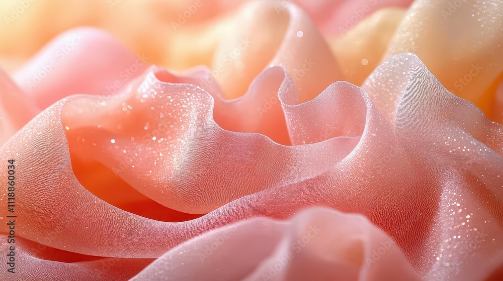Soft, flowing fabric with a gradient of pink and peach hues. Soft, flowing fabric with a gradient of pink and peach hues.