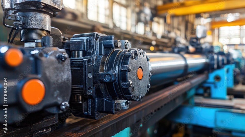 Obraz premium Industrial Hydraulic System with Pump and Cylinder in Workshop