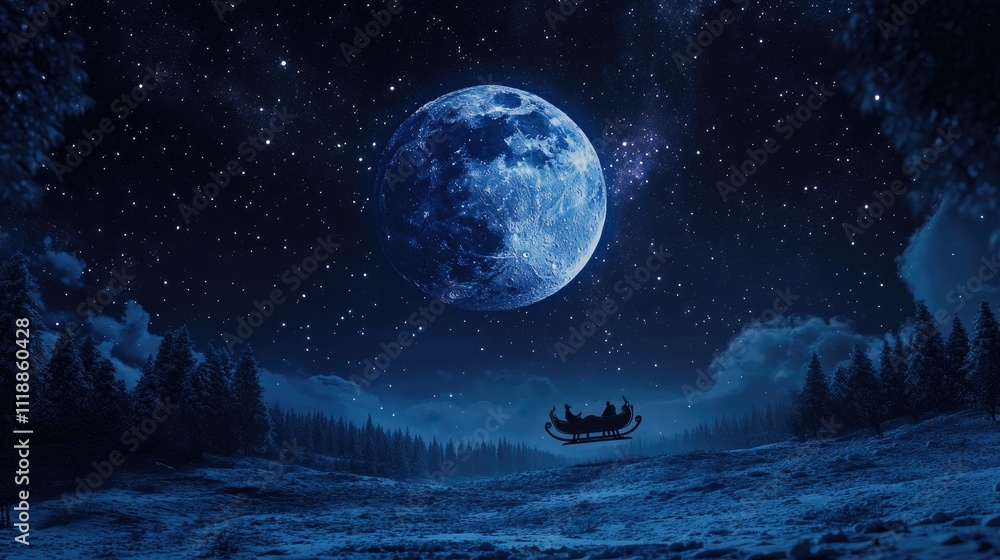Santa Claus sleigh flies through a snowy winter night Santa Claus sleigh flies through a snowy winter night