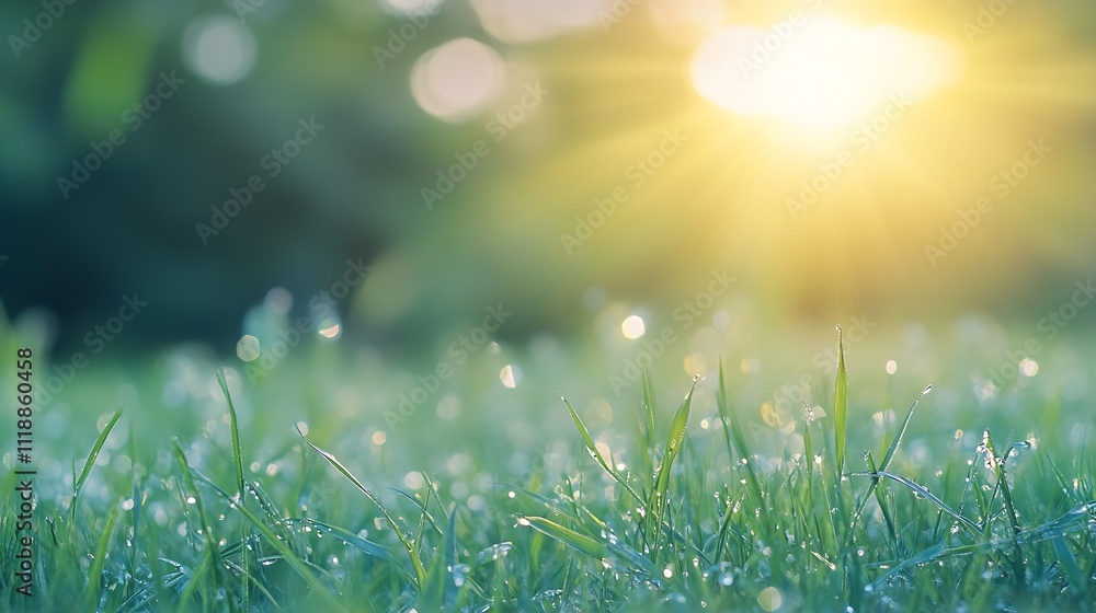 Fototapeta premium Morning Dew and Sunlight on Green Grass Capturing Freshness and Tranquility : Generative AI