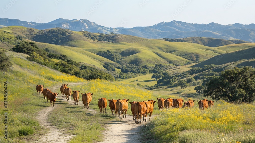 Fototapeta premium Herd of red cattle walking on a dirt road through a green valley.