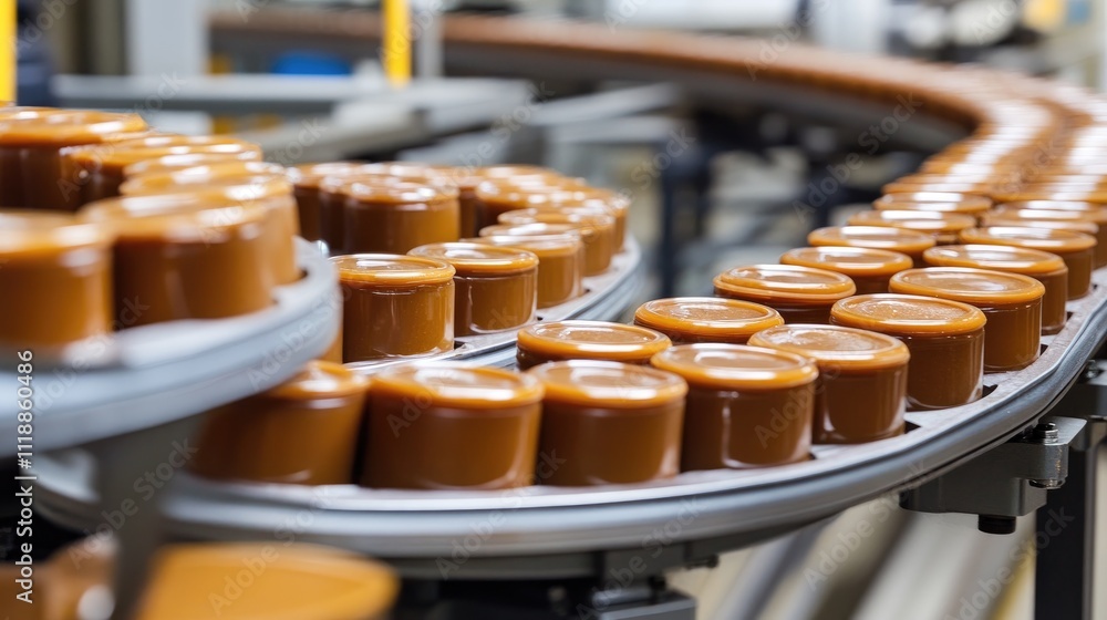 Caramel production line with jars moving on conveyor belt Caramel production line with jars moving on conveyor belt