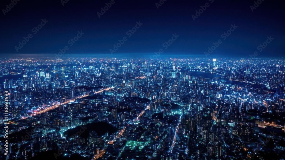 Fototapeta premium A stunning night view of a sprawling city illuminated by lights.