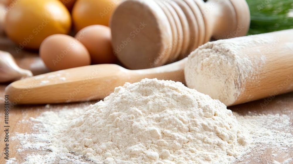 Baking Essentials with Raw Flour Eggs and Rolling Pin on Rustic Wooden Table : Generative AI Baking Essentials with Raw Flour Eggs and Rolling Pin on Rustic Wooden Table : Generative AI