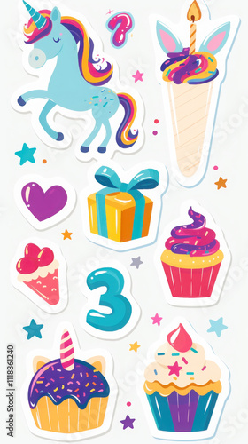 Colorful celebration stickers set featuring unicorn, cupcakes, ice cream, and gifts for parties and crafts