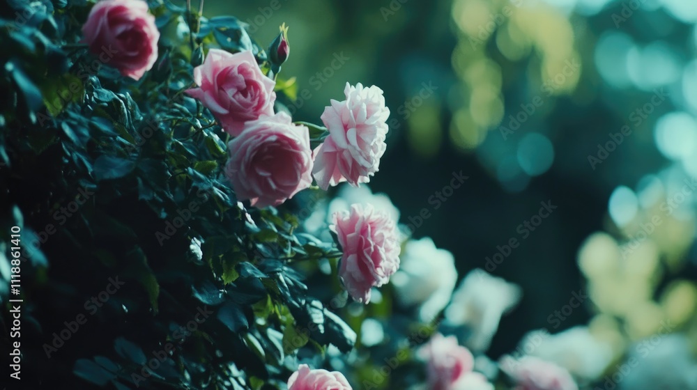Beautiful Pink Roses Blooming in a Lush Green Garden Background Beautiful Pink Roses Blooming in a Lush Green Garden Background