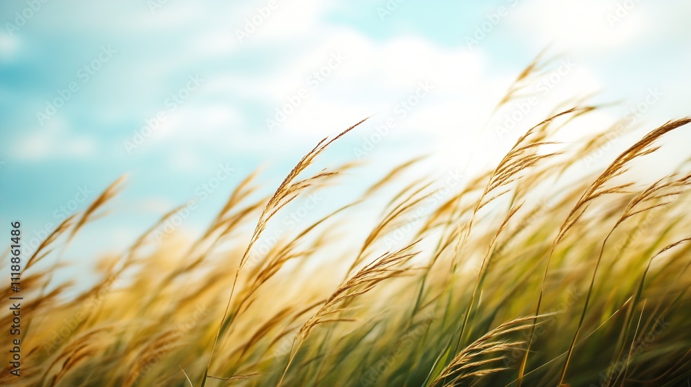 Golden Wheat Stalks Gently Swaying Against Bright Blue Summer Sky : Generative AI Golden Wheat Stalks Gently Swaying Against Bright Blue Summer Sky : Generative AI