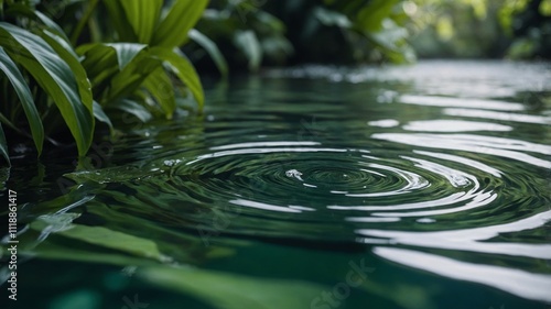 Elegant product display with rippling water and leaves photo