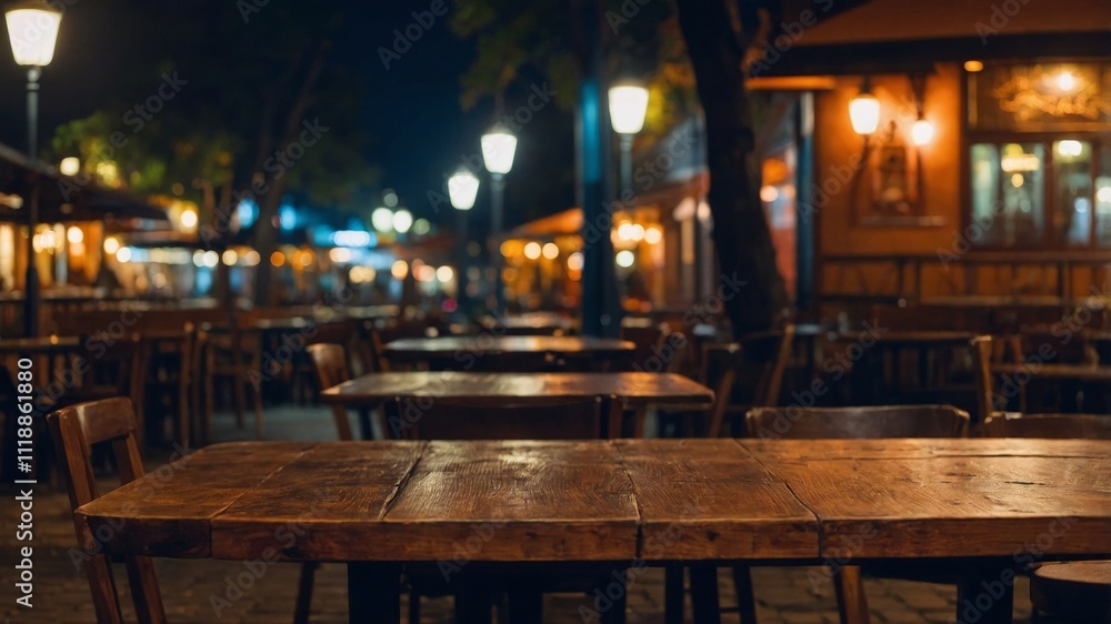Empty wooden table with blurry nighttime restaurant backdrop Empty wooden table with blurry nighttime restaurant backdrop