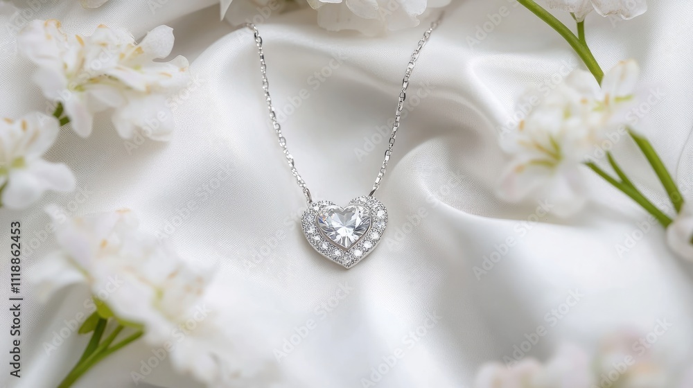 Elegant Heart-Shaped Necklace Surrounded by Delicate Flowers Elegant Heart-Shaped Necklace Surrounded by Delicate Flowers