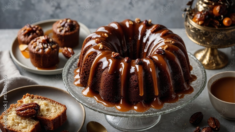 Festive bundt cake display with salted caramel Festive bundt cake display with salted caramel