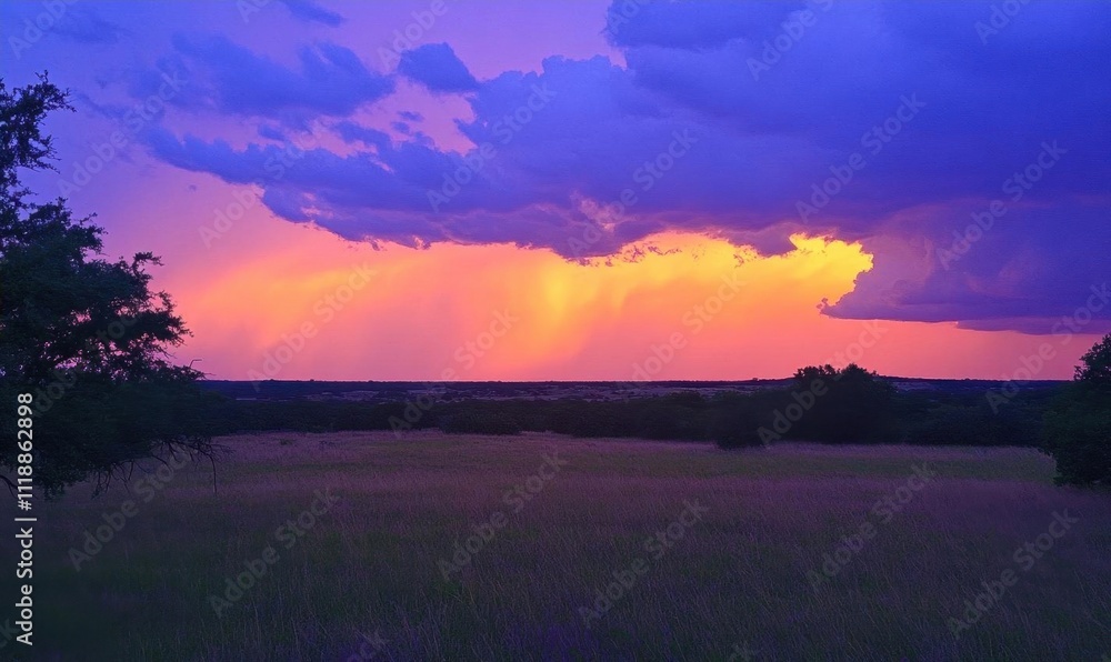 A vibrant sunset over a grassy landscape with dramatic clouds. A vibrant sunset over a grassy landscape with dramatic clouds.