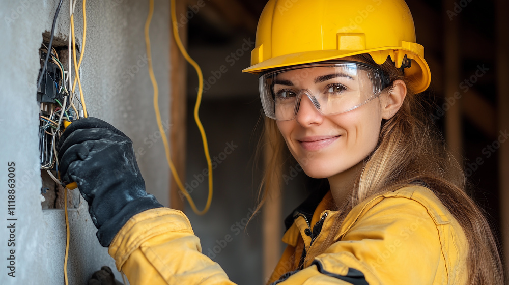 A woman worker, wearing a helmet and construction attire, is engaged in electrical work with cables in an industrial setting