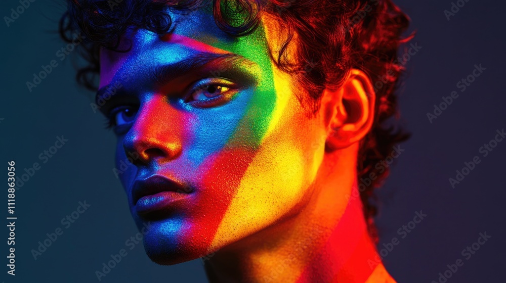 A young man with vibrant makeup and colorful lighting effects in a modern portrait. A young man with vibrant makeup and colorful lighting effects in a modern portrait.