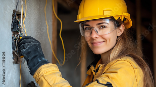 Obraz na płótnie A woman worker, wearing a helmet and construction attire, is engaged in electrical work with cables in an industrial setting w salonie