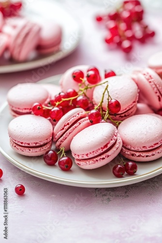 Colorful macarons on a plate next to red berries, dessert setting, sweet treat, culinary artistry, food photography.