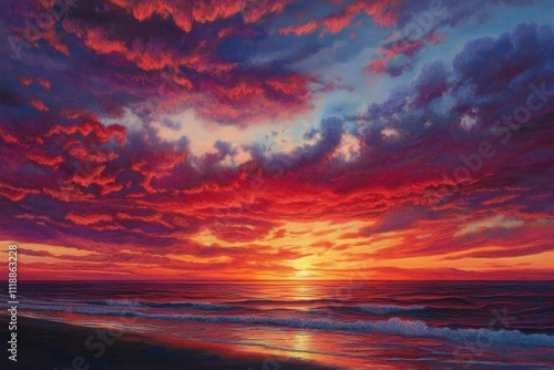 A vibrant sunset over the ocean with dramatic clouds and warm colors.