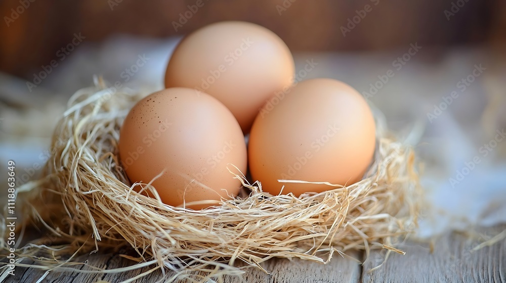 Three Brown Eggs in Nest Setting for Farm Fresh Organic Produce and Rustic Bakery Themes : Generative AI Three Brown Eggs in Nest Setting for Farm Fresh Organic Produce and Rustic Bakery Themes : Generative AI