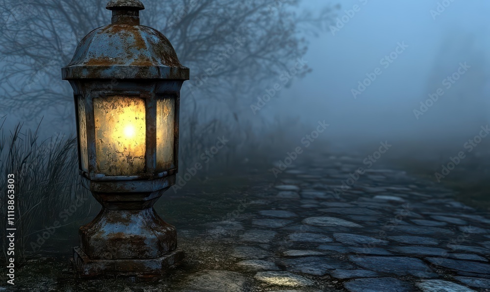 A rusty lantern illuminates a misty, cobblestone path at dusk. A rusty lantern illuminates a misty, cobblestone path at dusk.