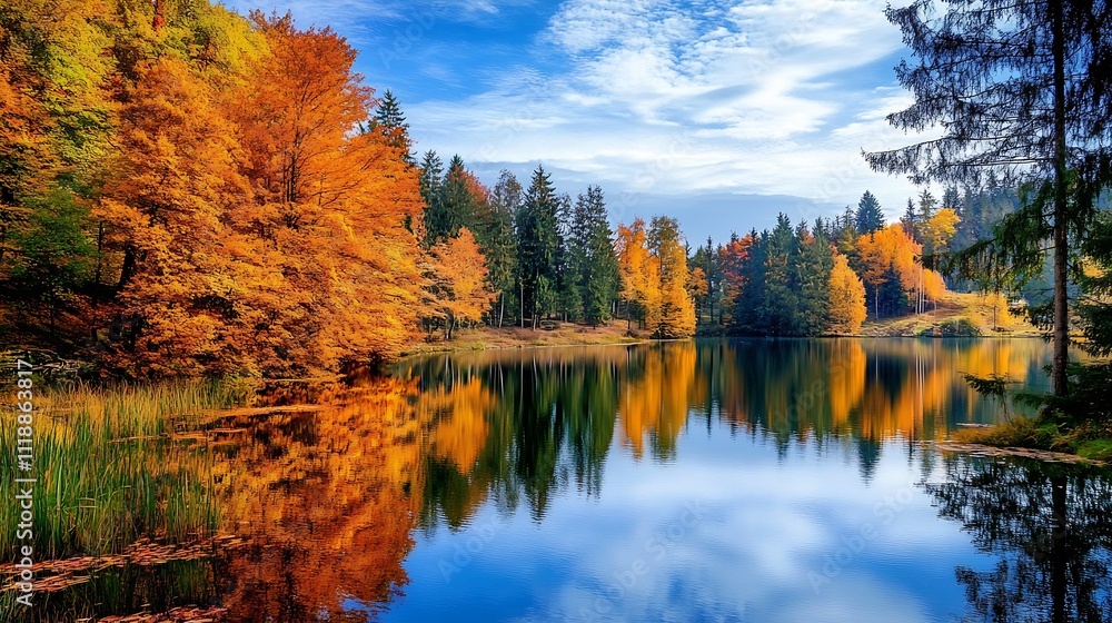 Obraz premium Autumn forest with vibrant orange and yellow foliage reflecting on a calm lake : Generative AI