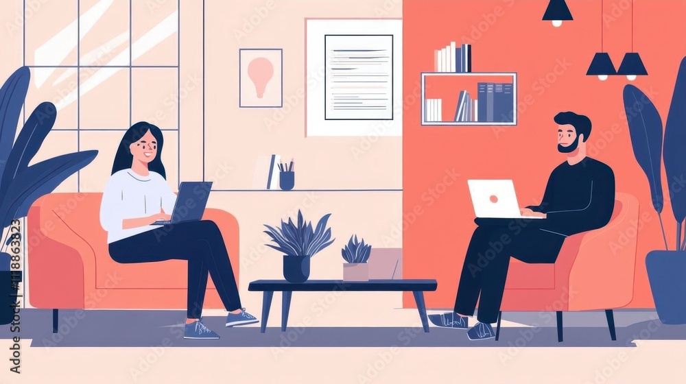 Two people working in a modern office setting with laptops. Two people working in a modern office setting with laptops.