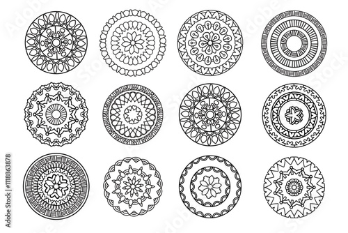 Mandala set. Round ornament. Ethnic decorative design elements collection. Black and white vector illustration. Isolated on white background