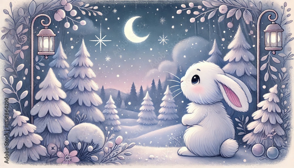 Obraz premium A Peaceful Winter Night with a Rabbit Gazing into a Soft, Snowy Landscape Under a Starlit Sky in Storybook Style