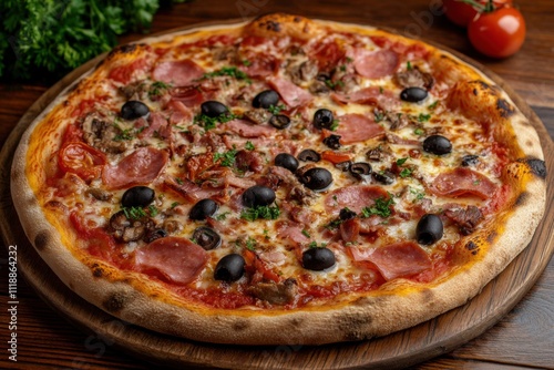 Delicious pepperoni and olive pizza rustic kitchen food photography warm atmosphere close-up view culinary delight