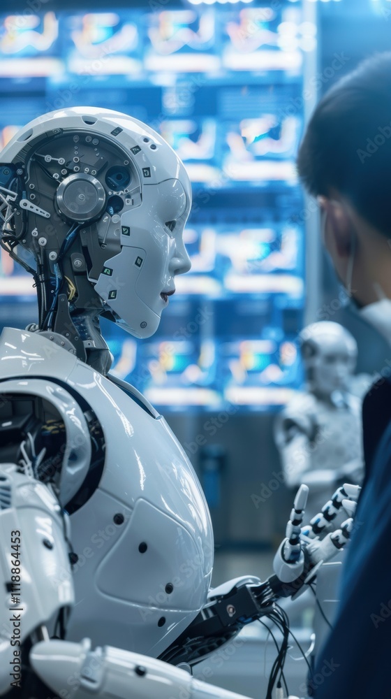 Fototapeta premium A humanoid robot interacts with a human in a futuristic setting.