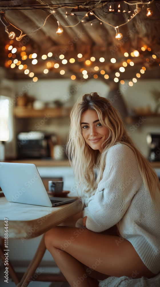 casual photograph of a blonde woman with blue eyes working and studying on her laptop at home, connected to the internet and social media, captures a modern remote work background warm lights