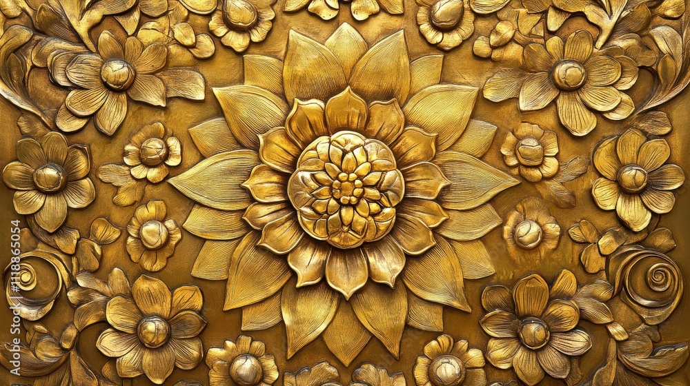 Ornate Flower Relief Art in Golden Hue for Decorative Purposes Ornate Flower Relief Art in Golden Hue for Decorative Purposes