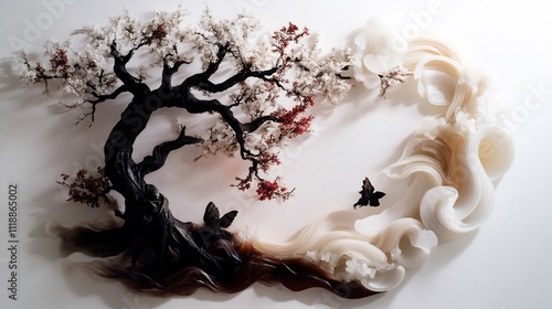 Intricate carved stone artwork of a bonsai tree and flowing clouds, with detailed blossoms and butterflies. photo