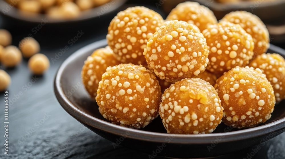 An appealing close-up of small, round halwa sweets with a nutty coating. The traditional Indian delicacy is bite-sized and gourmet, perfect for those who enjoy a unique texture and flavor. An appealing close-up of small, round halwa sweets with a nutty coating. The traditional Indian delicacy is bite-sized and gourmet, perfect for those who enjoy a unique texture and flavor.