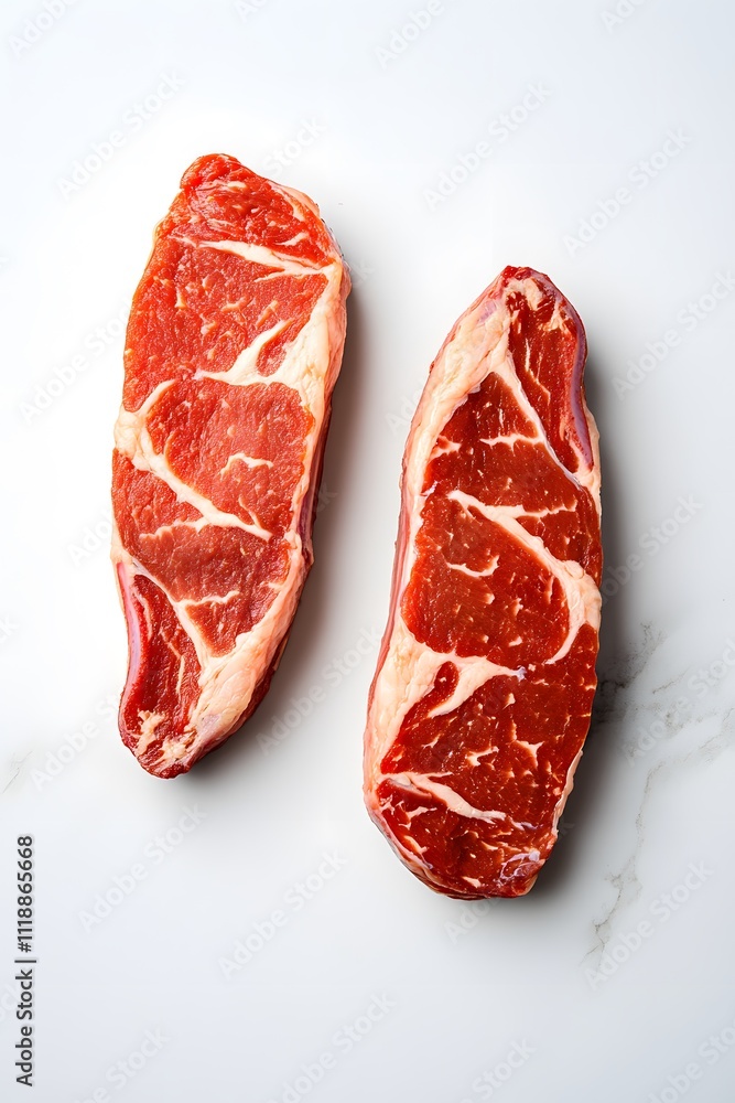 Two raw marbled beef steaks on a light surface, ready for cooking. Two raw marbled beef steaks on a light surface, ready for cooking.