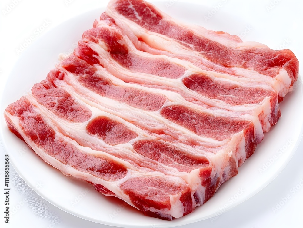 Fresh raw pork belly slices arranged on a white plate, ready for cooking or preparation. Fresh raw pork belly slices arranged on a white plate, ready for cooking or preparation.