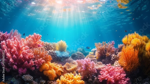 Wallpaper Mural Vibrant coral reef teeming with colorful fish under sunlit ocean water. Torontodigital.ca