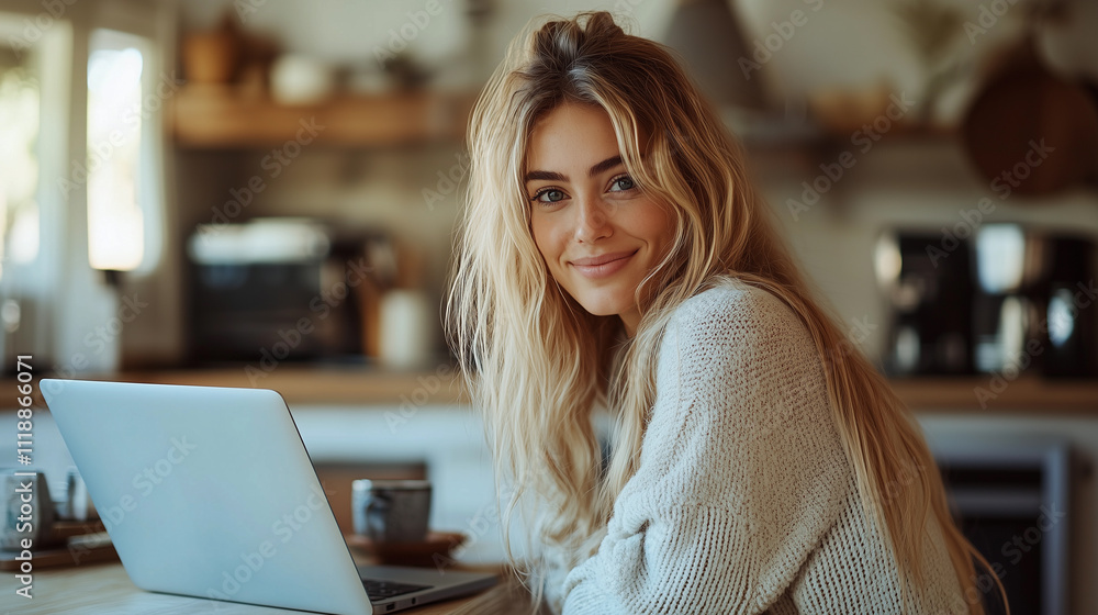 casual photograph of a blonde woman with blue eyes working and studying on her laptop at home, connected to the internet and social media, captures a modern remote work background warm lights