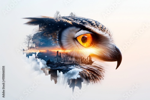 Powerful owl over a surreal cityscape at sunset in dreamy double exposure. Fantasy digital art concept photo