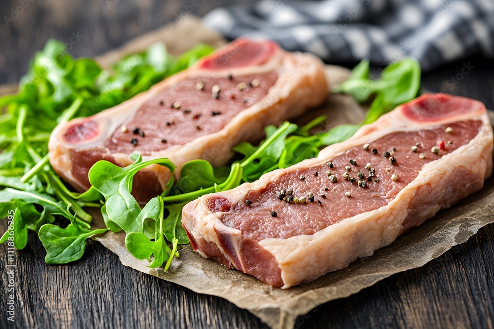 Two uncooked steaks on a bed of fresh greens, ready for cooking or grilling. Two uncooked steaks on a bed of fresh greens, ready for cooking or grilling.