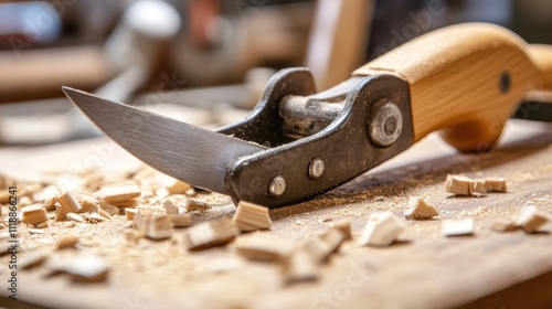 Close-up of a Woodworking Tool, showcasing craftsmanship and the process of woodworking with detail to the blade, handle, and wood shavings. photo